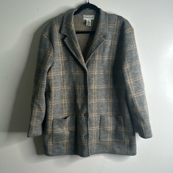 Rena Rowan wool plaid knit cardigan jacket size XlArge gray beige outlander - Picture 2 of 6